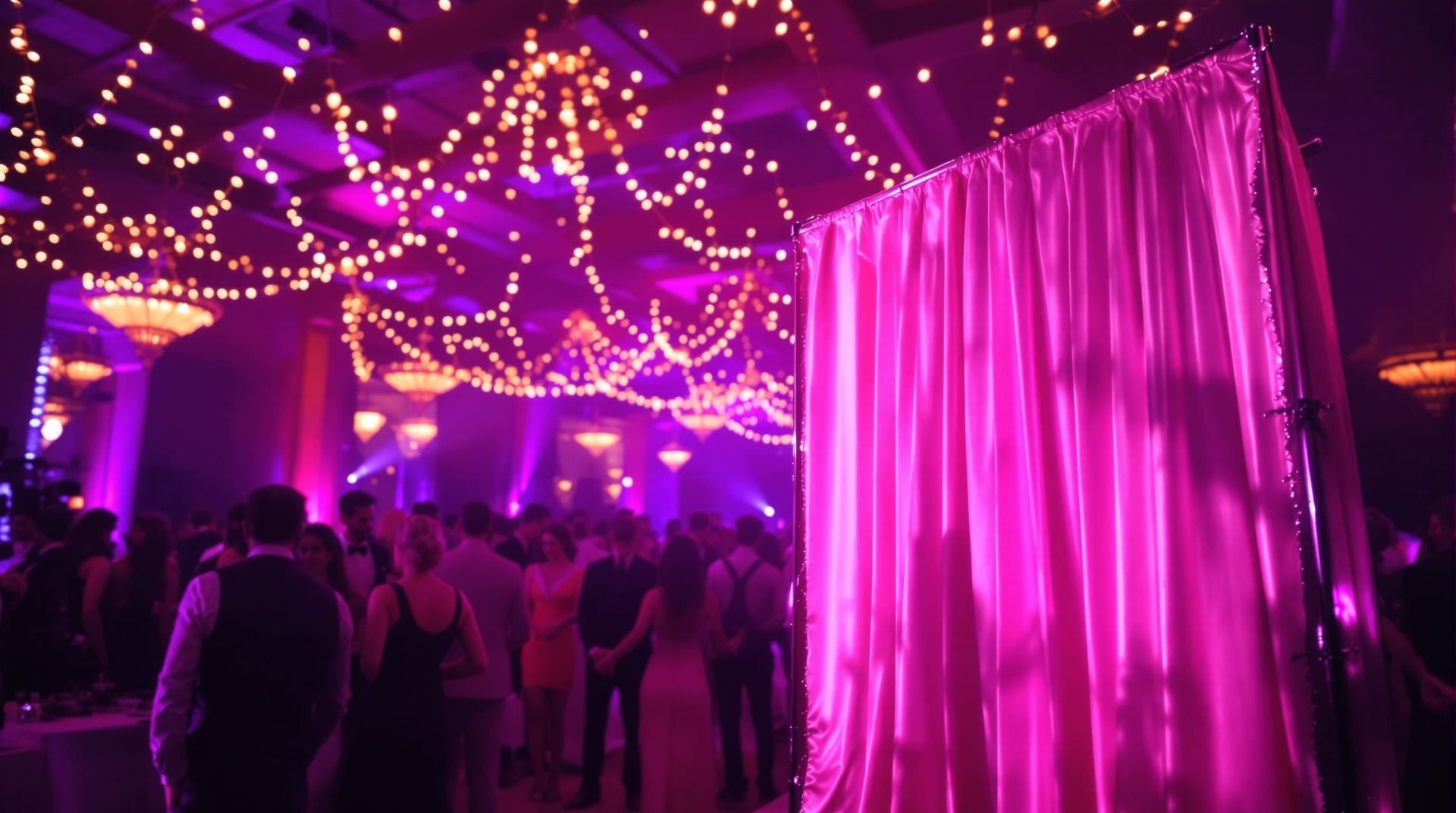 Glamorous event venue with photobooth lighting and elegant party atmosphere